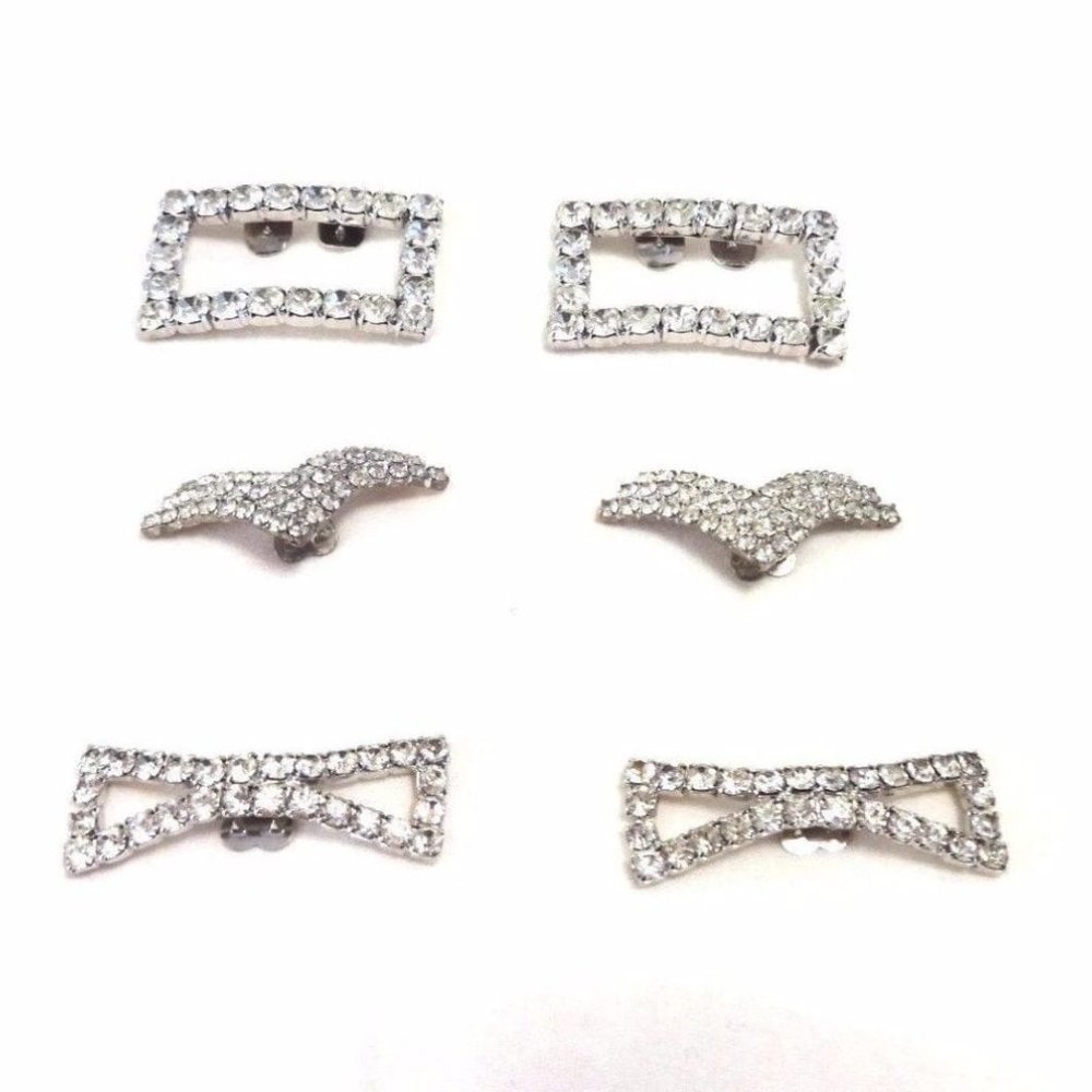 3 PAIRS OF VINTAGE CRYSTAL SHOE CLIPS – SQUARE, BOW, & DECO DESIGN
